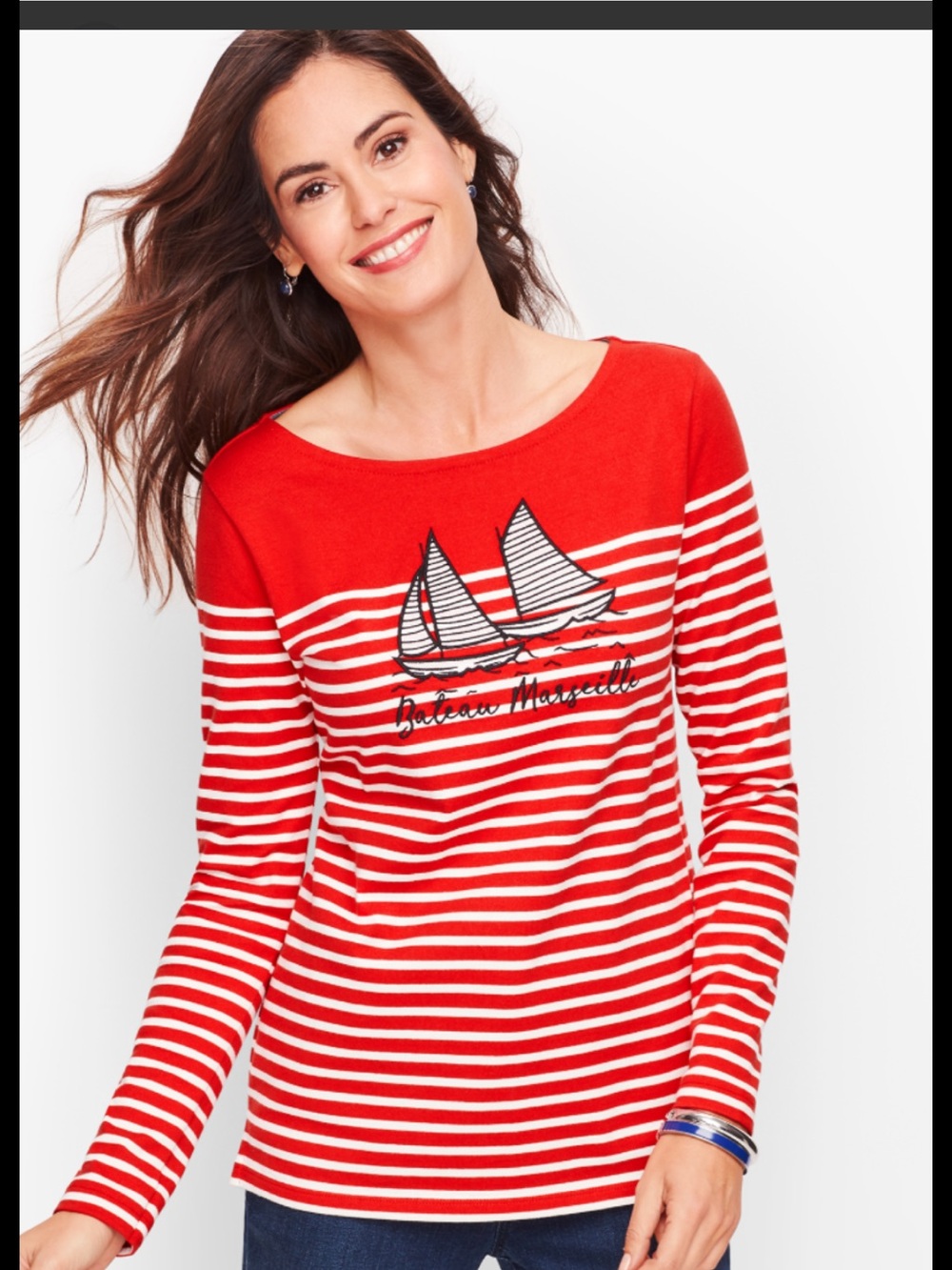 Talbots petites Lp nautical Red and White Striped Sailboat Long-Sleeve Top
